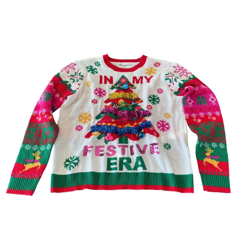 No Boundaries L 12-14 Ugly Christmas Holiday Sweater Festive Era‎ Tinsel Sequin